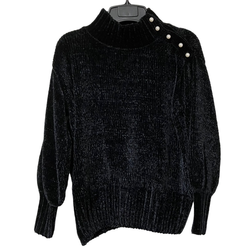 Cynthia Rowley Chenille Black Sweater With Pearls On Shoulder